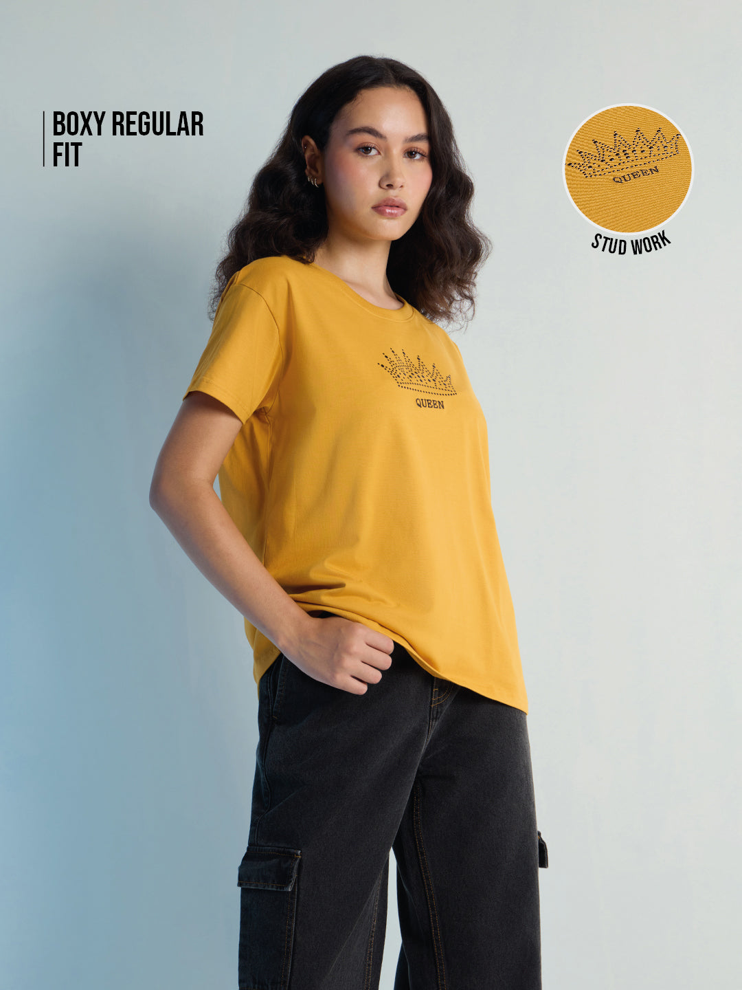 Womens Stud Detailed Boxy Regular Round Neck Tshirt 