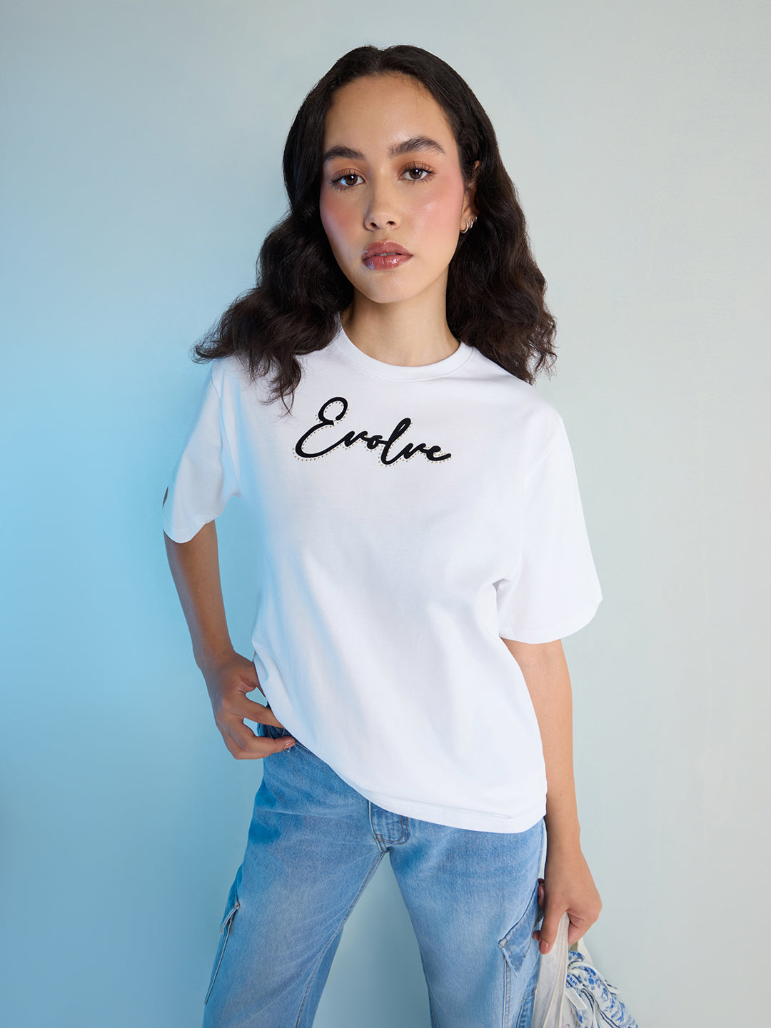 Womens Stud Detailed Oversized Round Neck Tshirt 