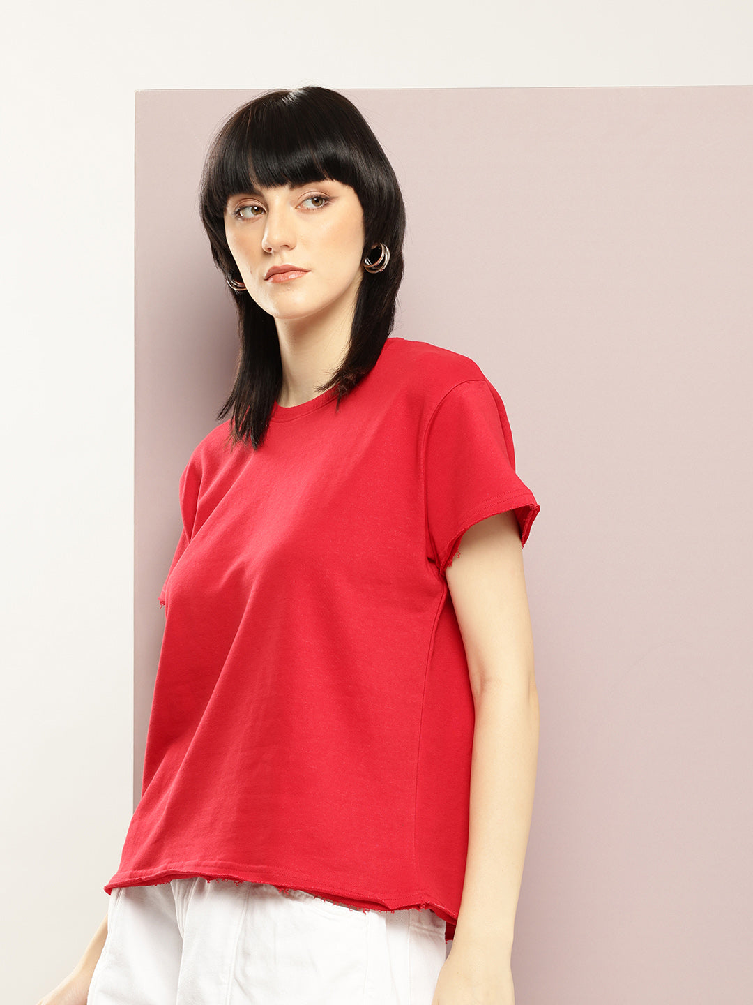 Womens Half Sleeve Round Neck Solid Boxy Fit Tshirts