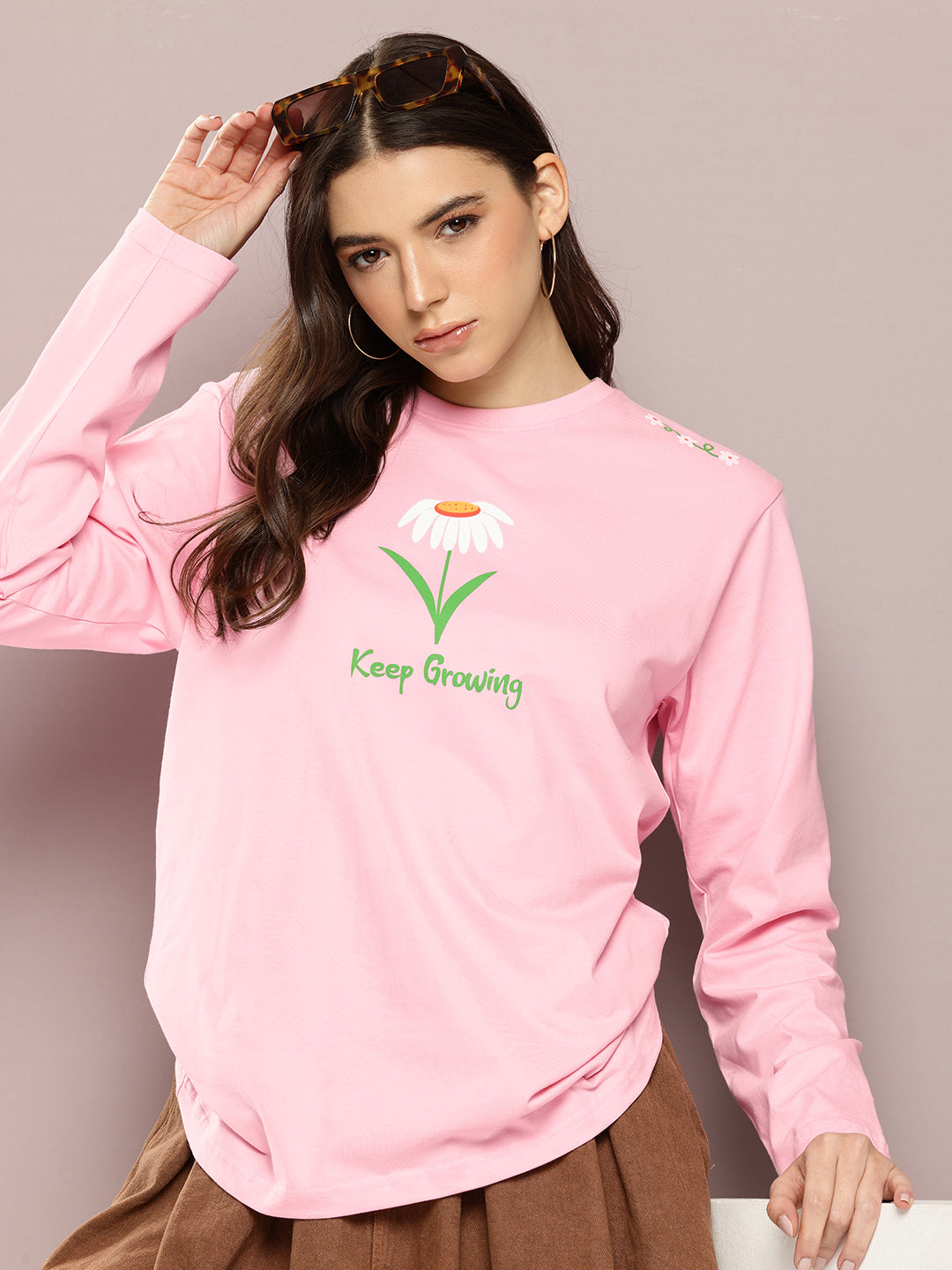 Womens Full Sleeve Round Neck Printed Oversized Fit Tshirts