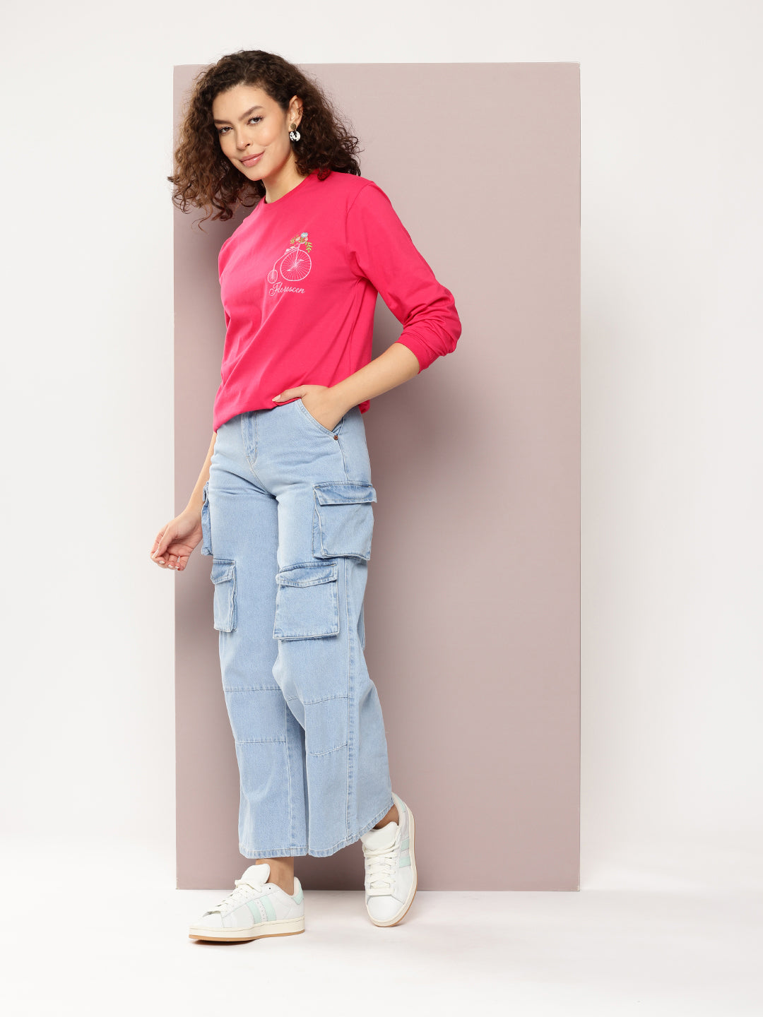 Womens Full Sleeve Round Neck Embroidered Oversized Fit Tshirts