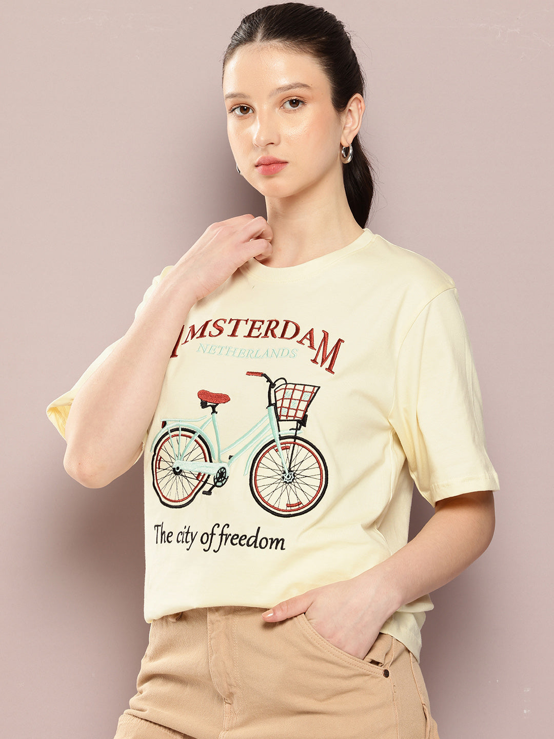Womens Half Sleeve Round Neck Embroidery Oversized Fit Tshirts