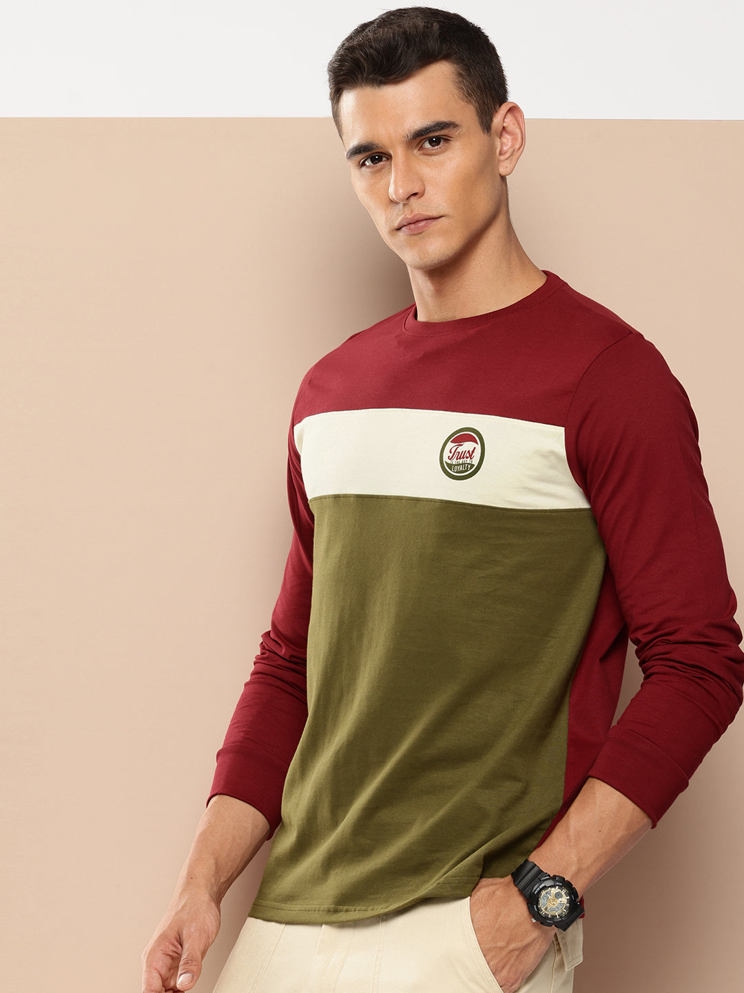 Mens Full Sleeve Round Neck Colourblocked Regular Fit Tshirts