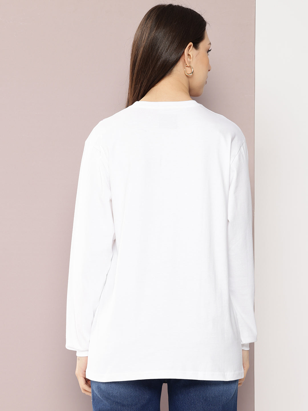 Womens Full Sleeve Round Neck Embroidered Oversized Fit Tshirts