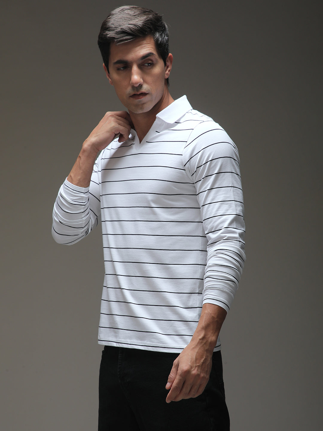 Mens Full Sleeve Polo Neck Striped Regular Fit Tshirts