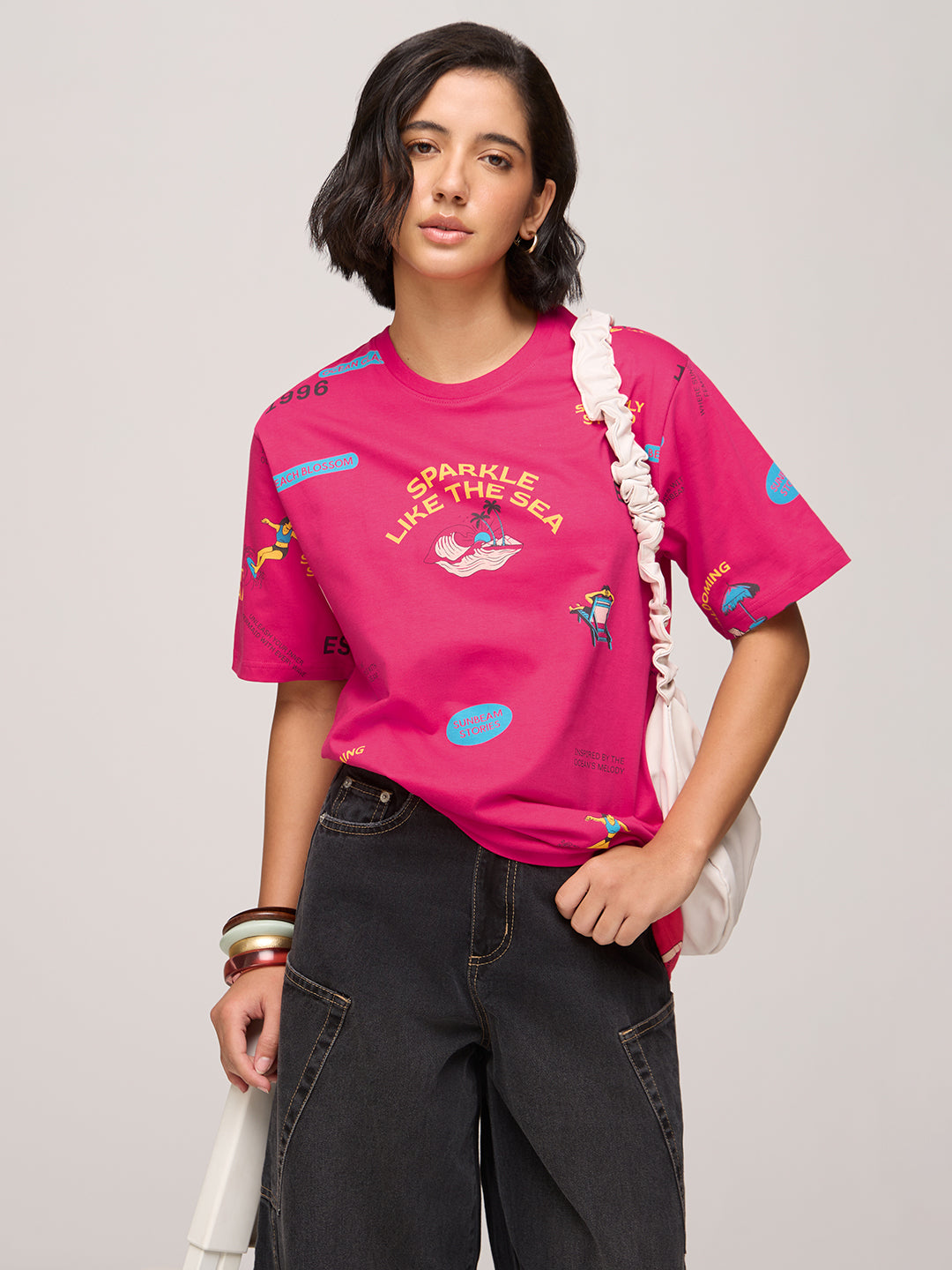 Womens Printed Oversized Fit Cotton T-Shirt