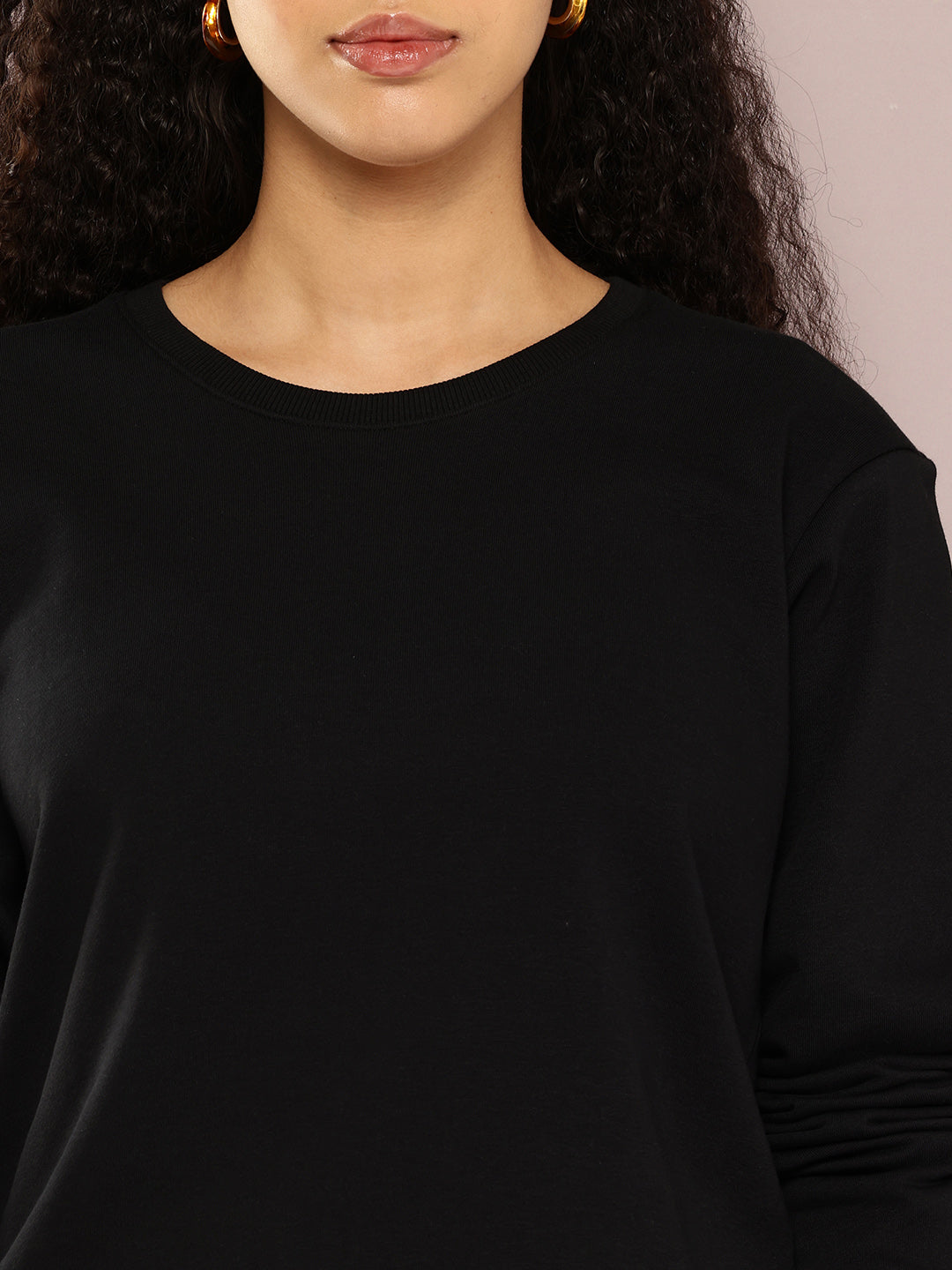 Womens Full Sleeve Round Neck Solid Relaxed Fit Tshirts