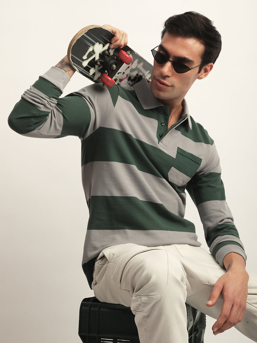 Mens Full Sleeve Polo Neck All-Over Striped Regular Fit Tshirts