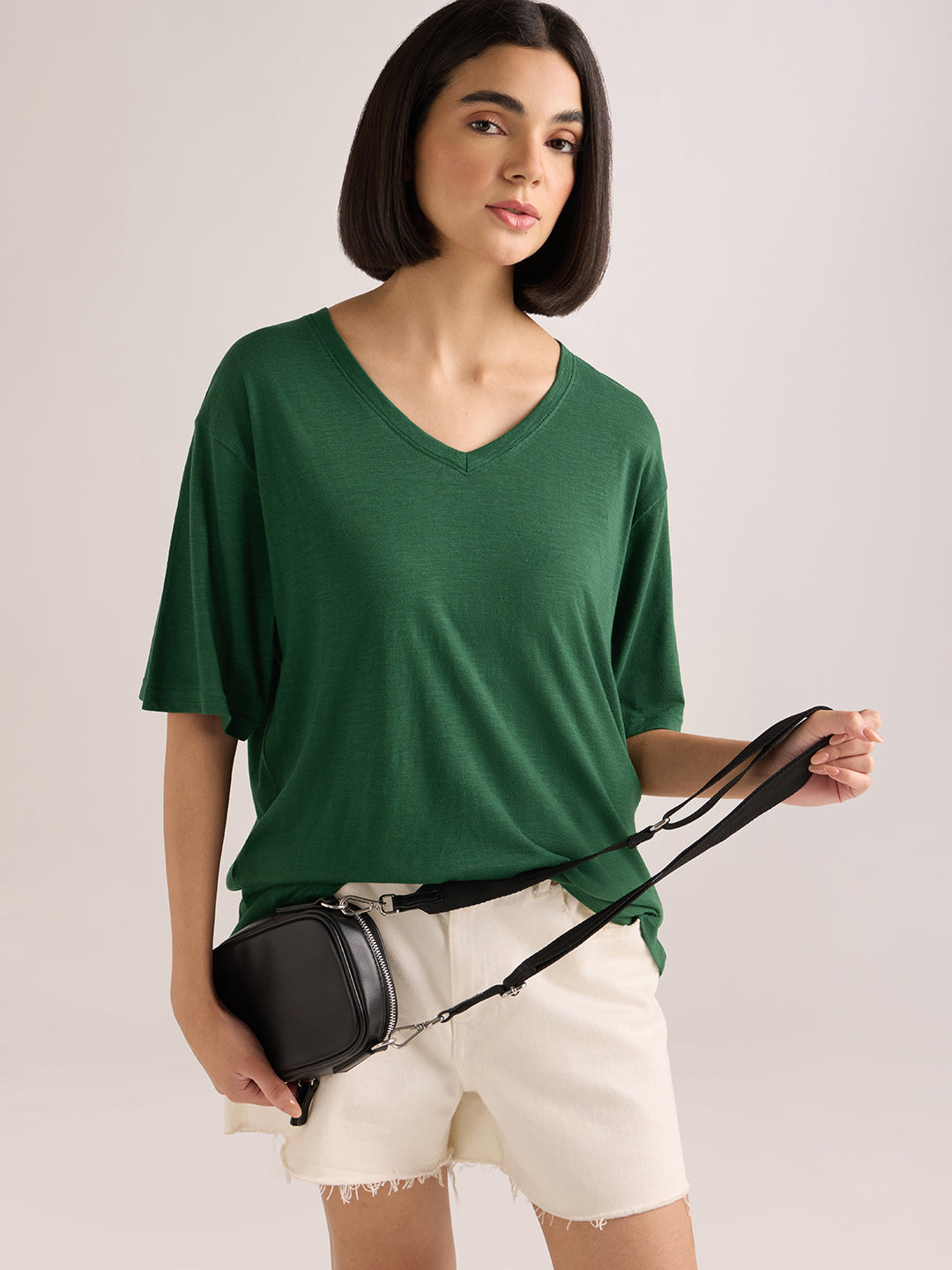 Womens Solid Oversized Cotton Modal V-Neck Tshirt