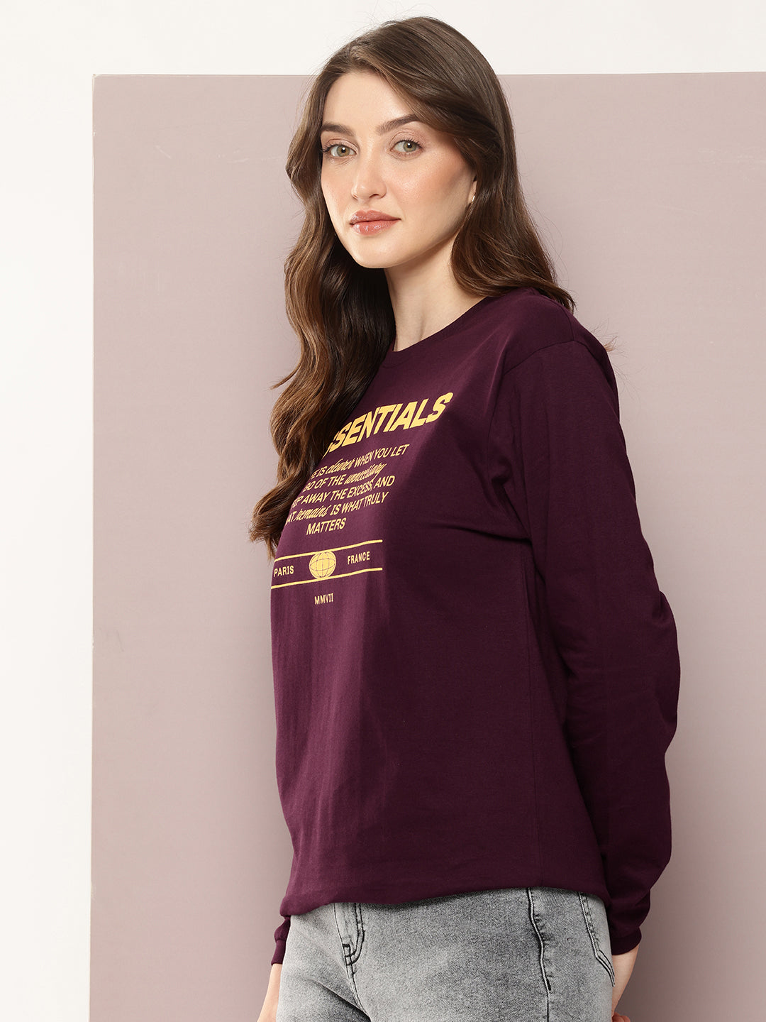 Womens Full Sleeve Round Neck Printed Oversized Fit Tshirts