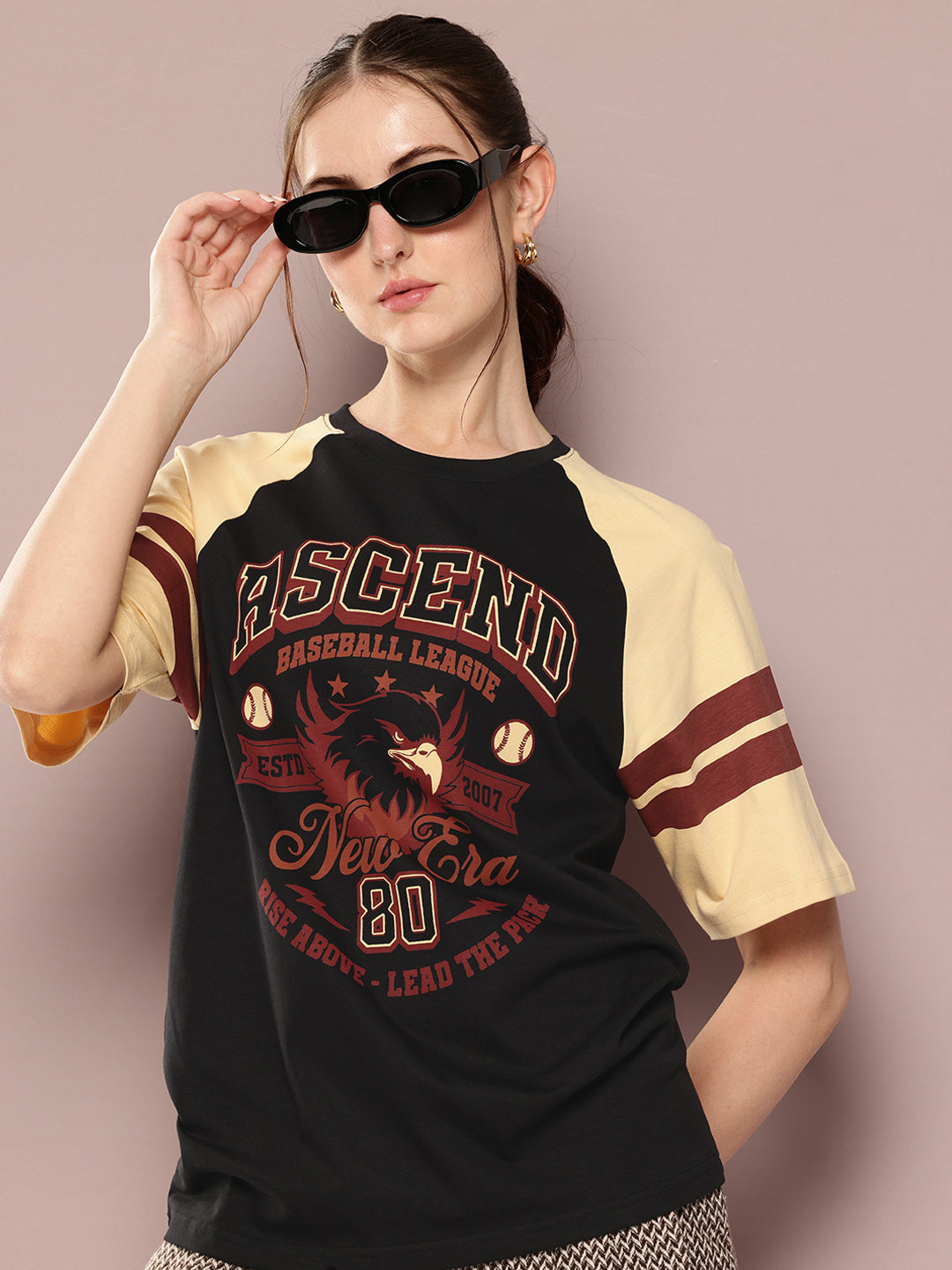 Womens Raglan Sleeve Printed Oversized Fit Tshirt