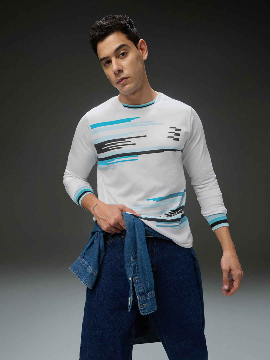 Mens Long Sleeve Round Neck Printed Regular Fit Tshirt