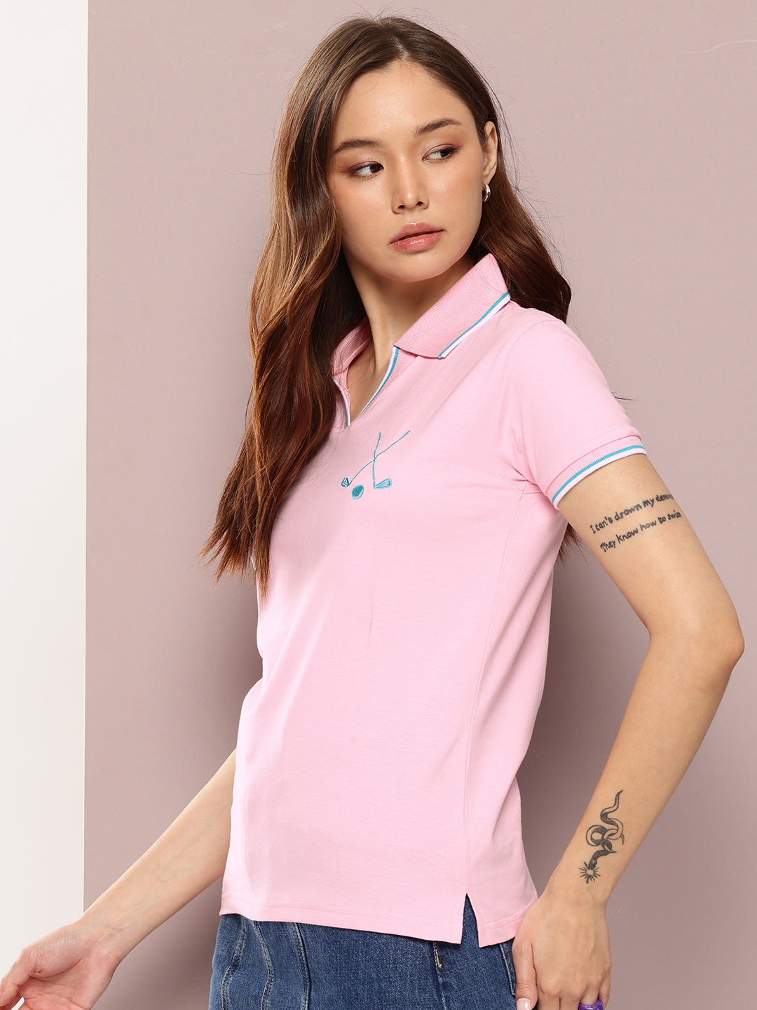 Womens Half Sleeve Polo Neck Embroidered Regular Fit Tshirts