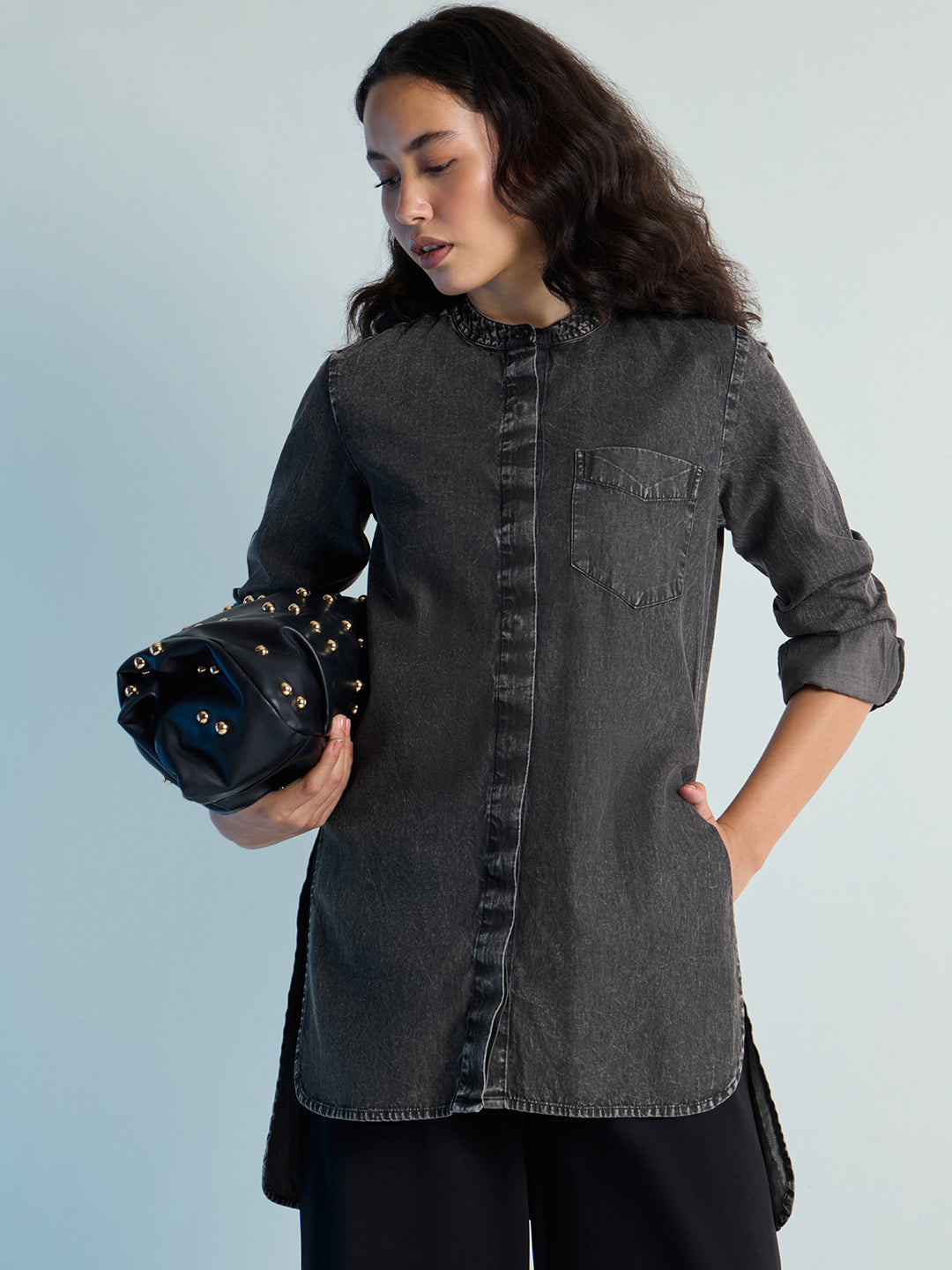 Womens Solid Oxy Bleached Boxy Regular Mandarin Collar Neck Denim Shirt