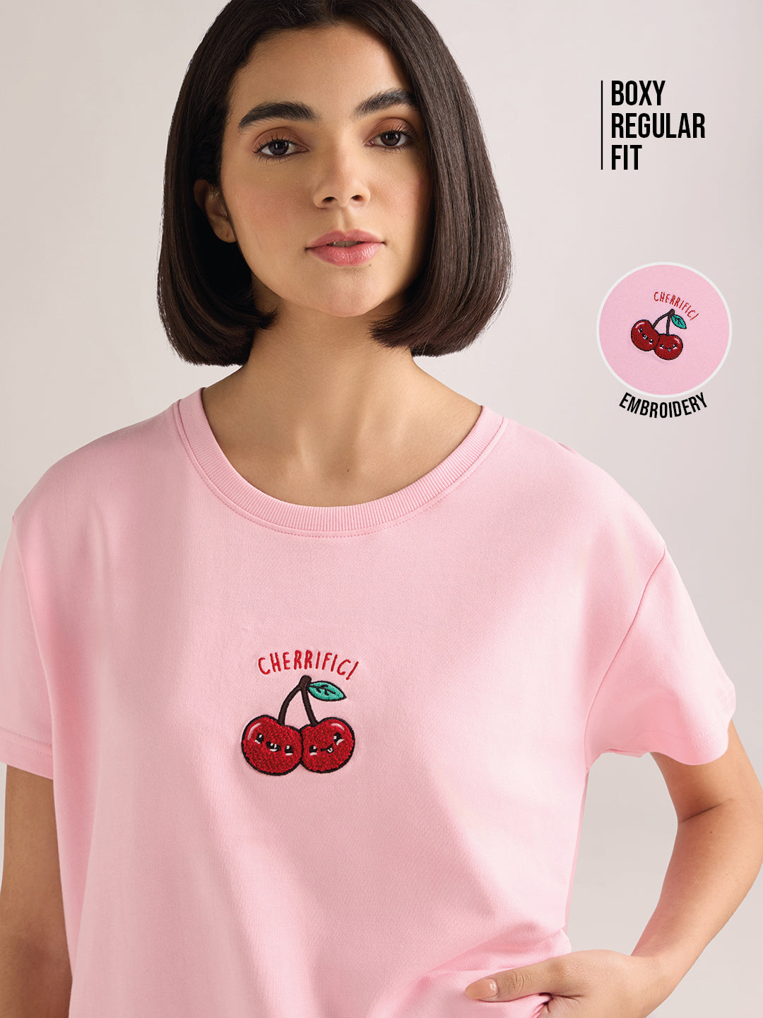 Womens Embroidery Boxy Regular Fit French Terry Cotton Tshirt