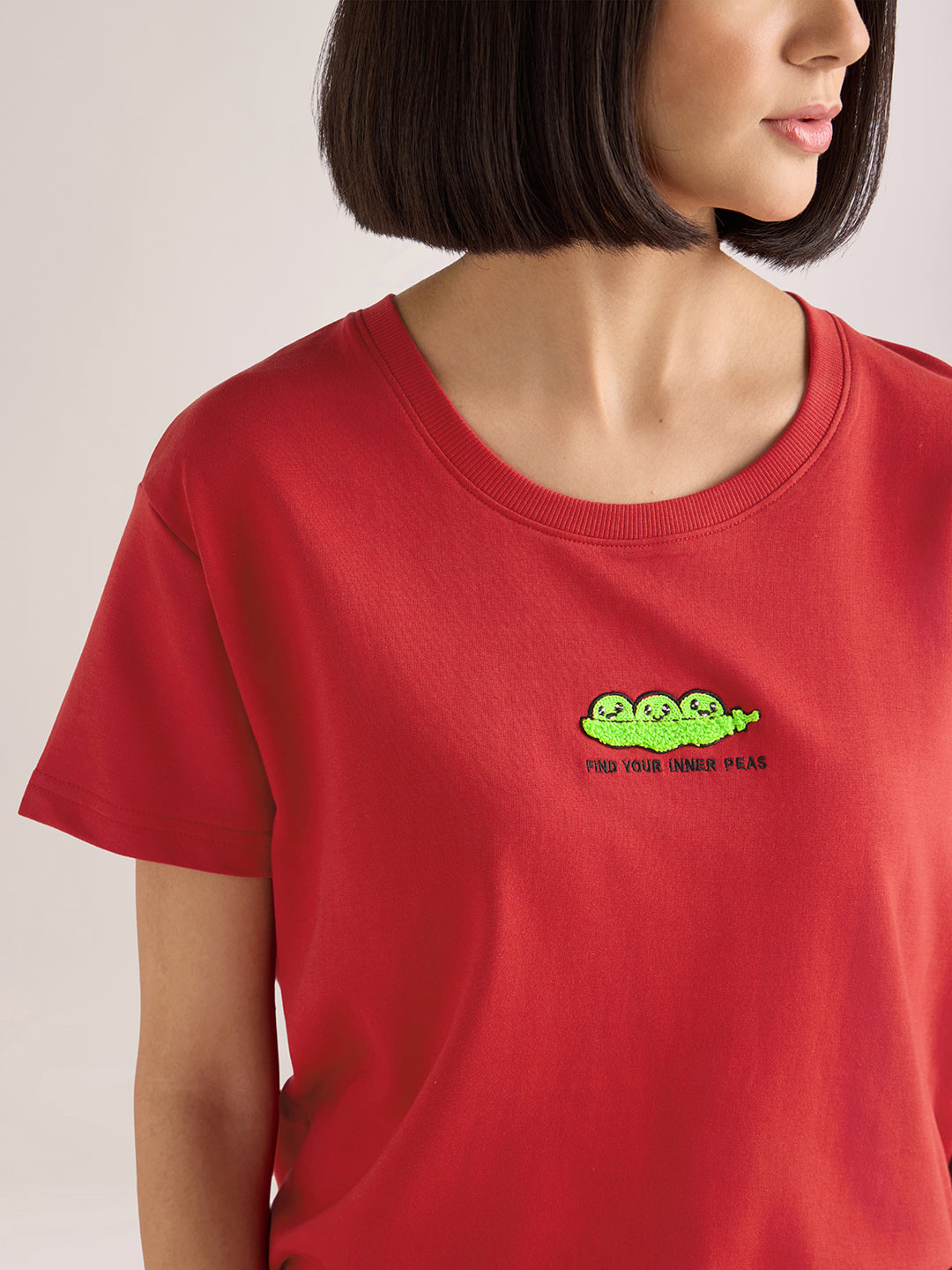 Womens Embroidery Boxy Regular Fit French Terry Cotton Tshirt