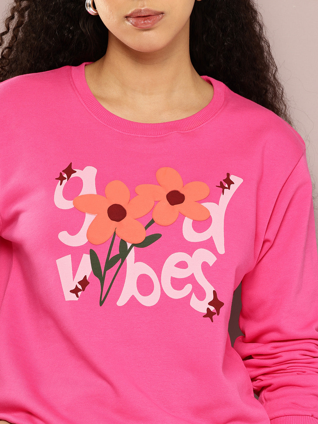 Womens Full Sleeve Round Neck Embellished Relaxed Fit Tshirts