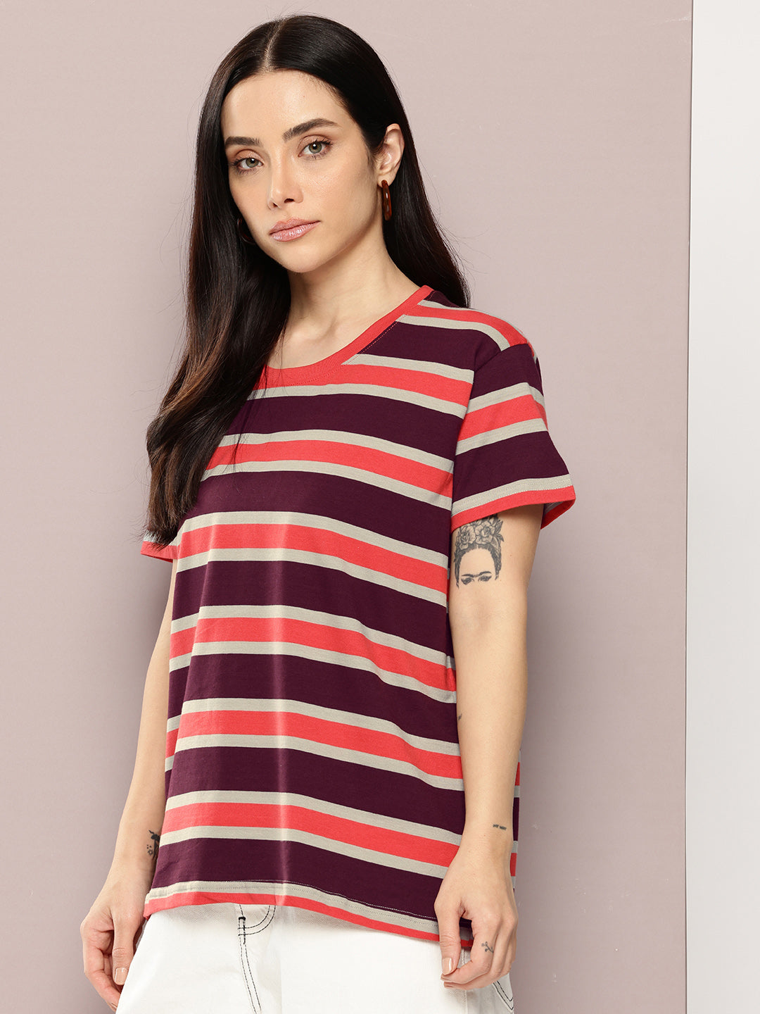 Womens Half Sleeve Round Neck All-Over Striped Boxy Fit Tshirts