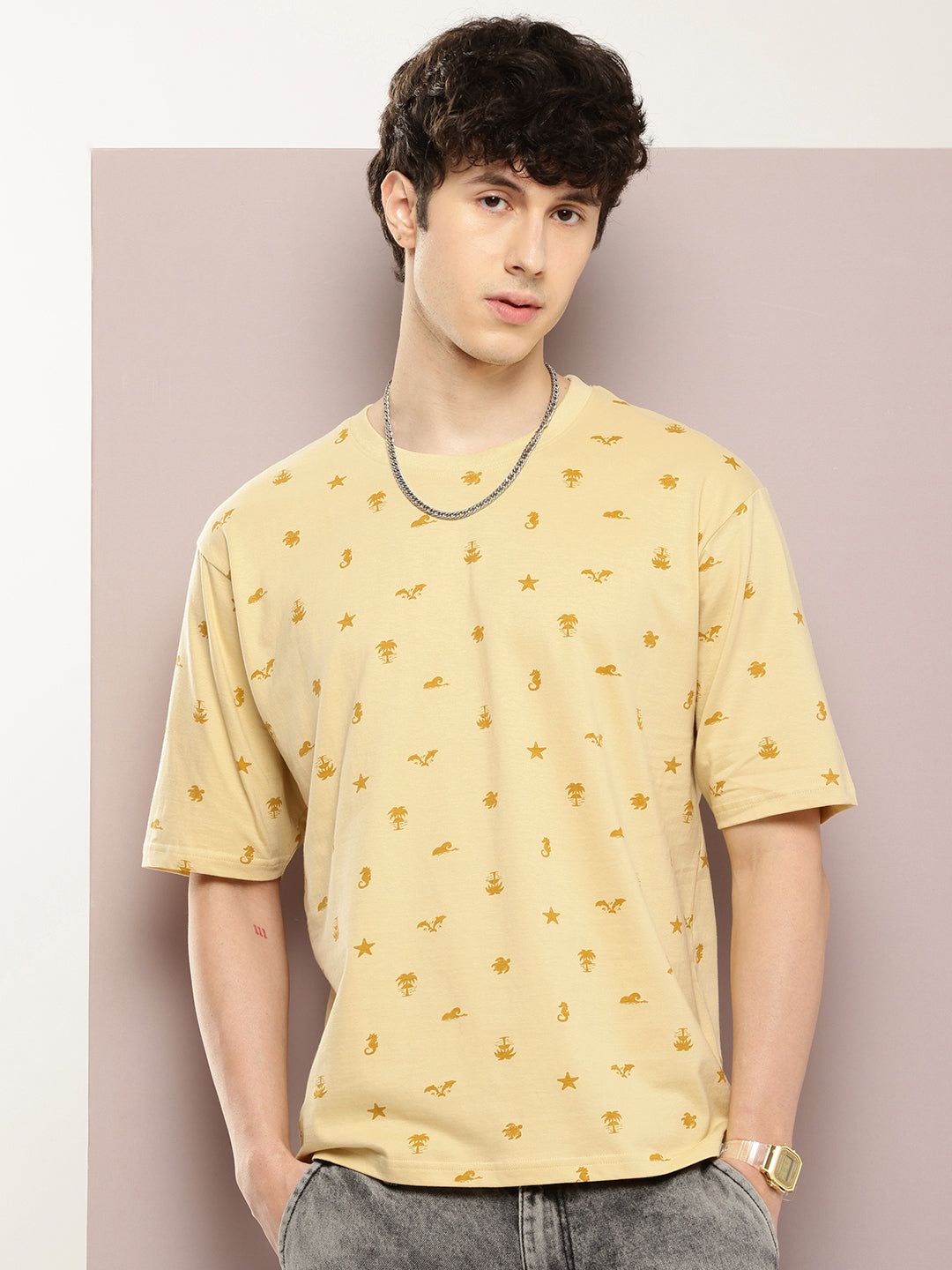 Mens Half Sleeve Round Neck All-Over Printed Oversized Fit Tshirts
