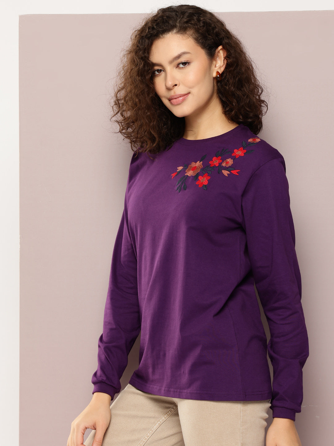 Womens Full Sleeve Round Neck Embroidered Oversized Fit Tshirts