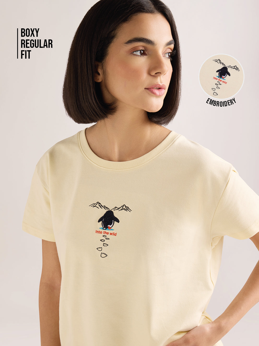 Womens Embroidery Boxy Regular Fit French Terry Cotton Tshirt