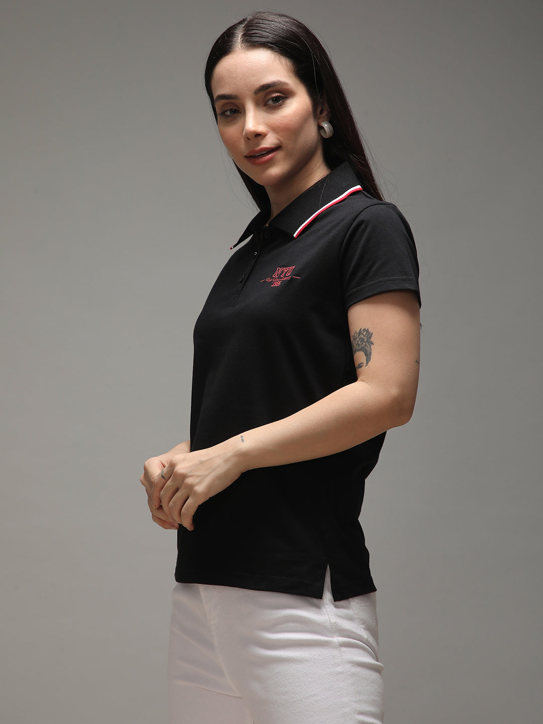 Womens Half Sleeve Polo Neck Solid Regular Fit Tshirts