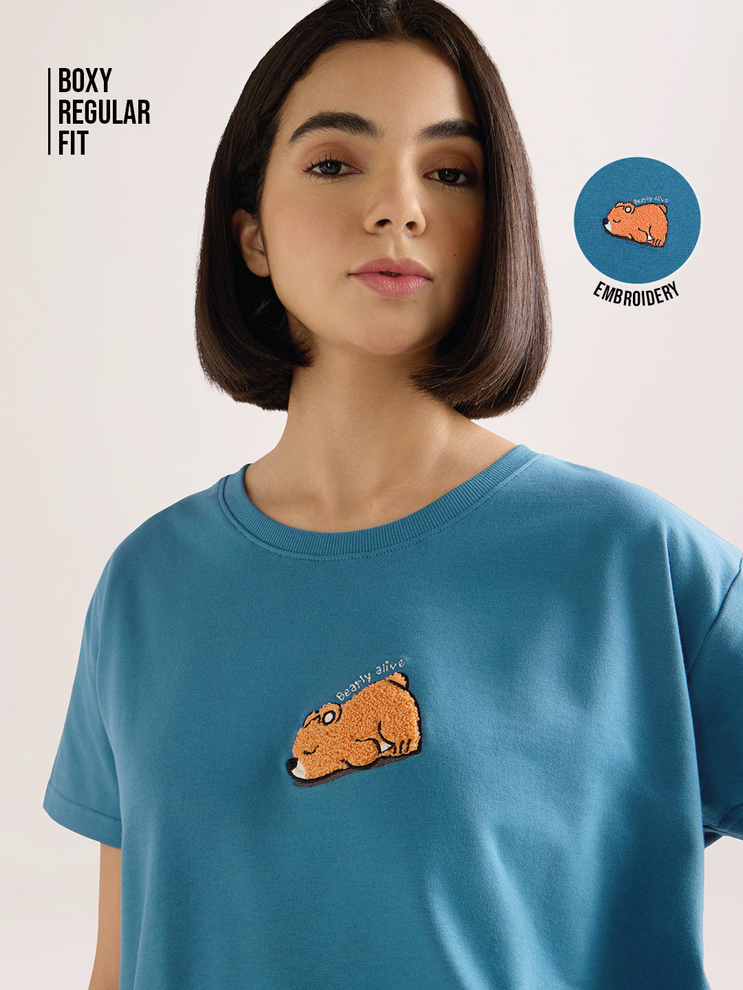Womens Embroidery Boxy Regular Fit French Terry Cotton Tshirt