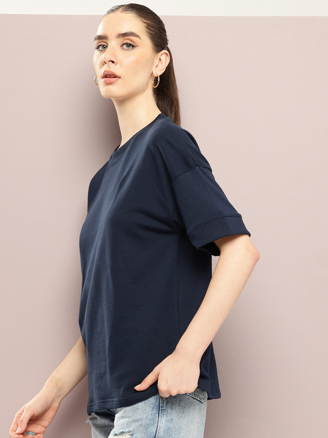 Womens Half Sleeve Round Neck Solid Oversized Fit Tshirts