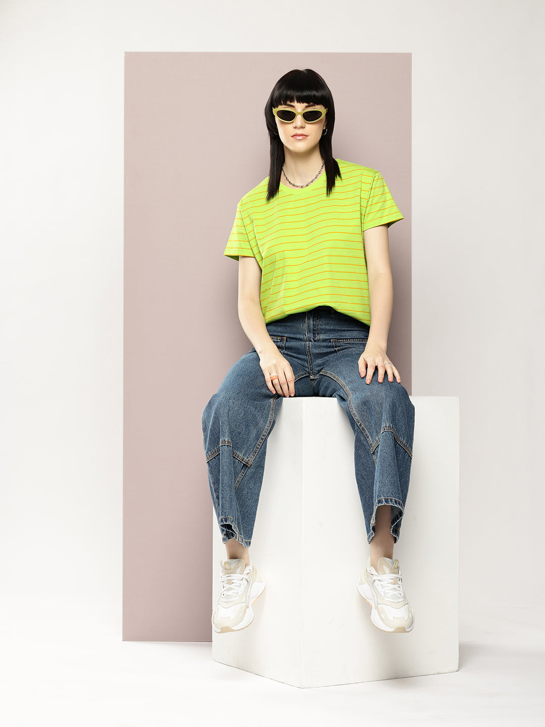 Womens Half Sleeve Round Neck Striped Boxy Fit Tshirts