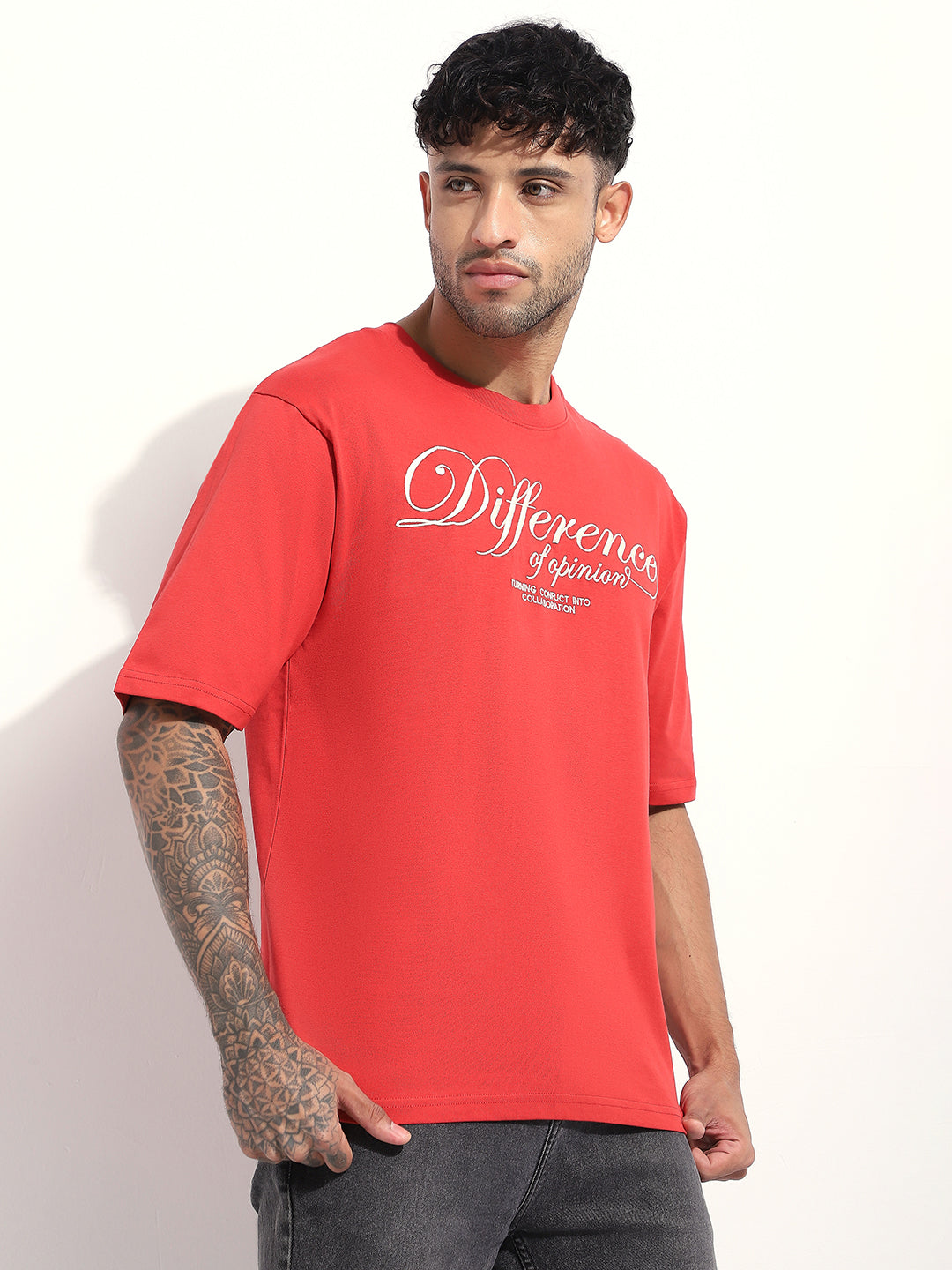 Mens Half Sleeve Round Neck Embroidered Oversized Fit Tshirts