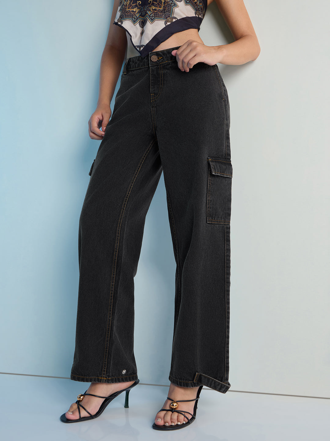 Womens Straight Fit Cargo Denim Jeans Pant