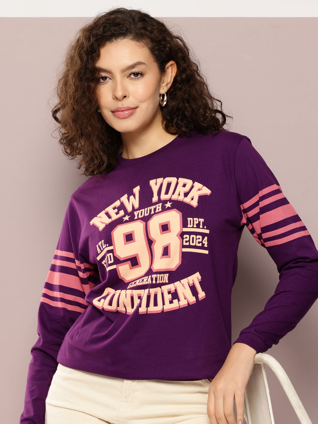 Womens Full Sleeve Round Neck Printed Oversized Fit Tshirts