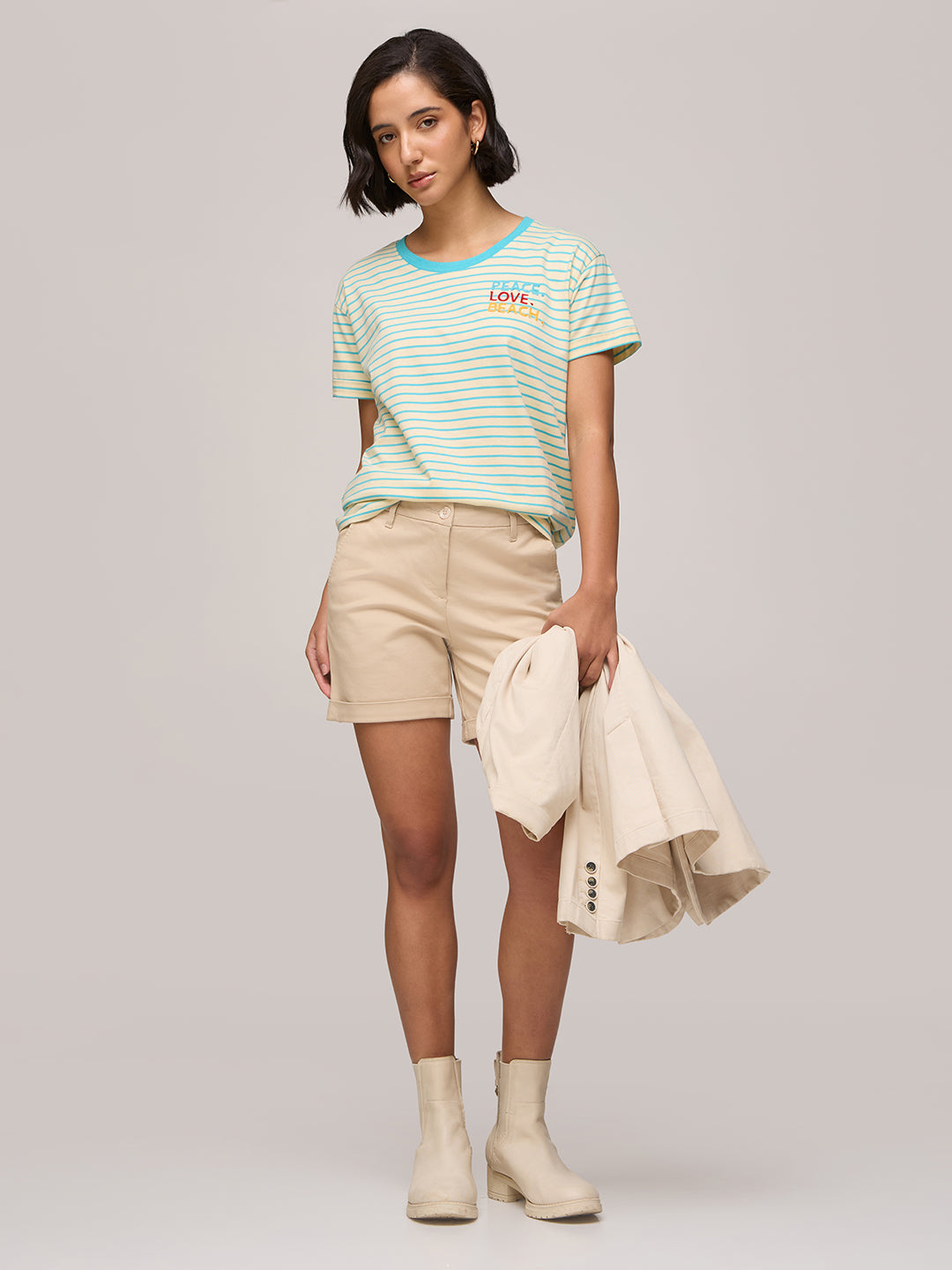 Womens Striped Boxy Regular Fit Cotton T-Shirt