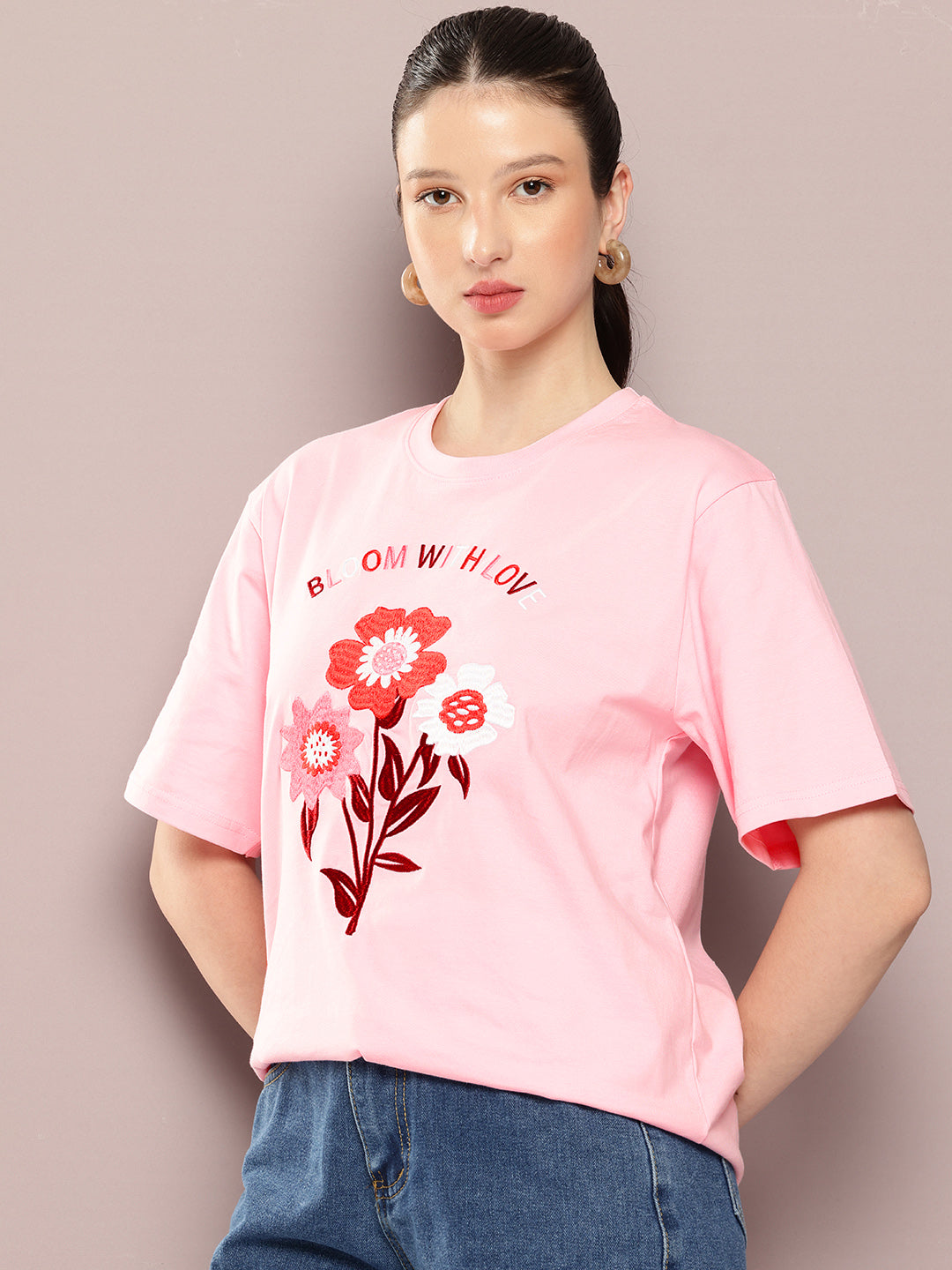Womens Half Sleeve Round Neck Embroidery Oversized Fit Tshirts