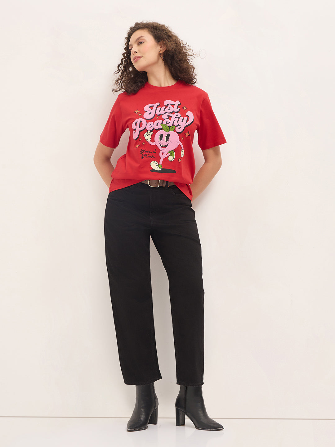 Womens Half Sleeve Round Neck Puff Print Oversized Fit Tshirts