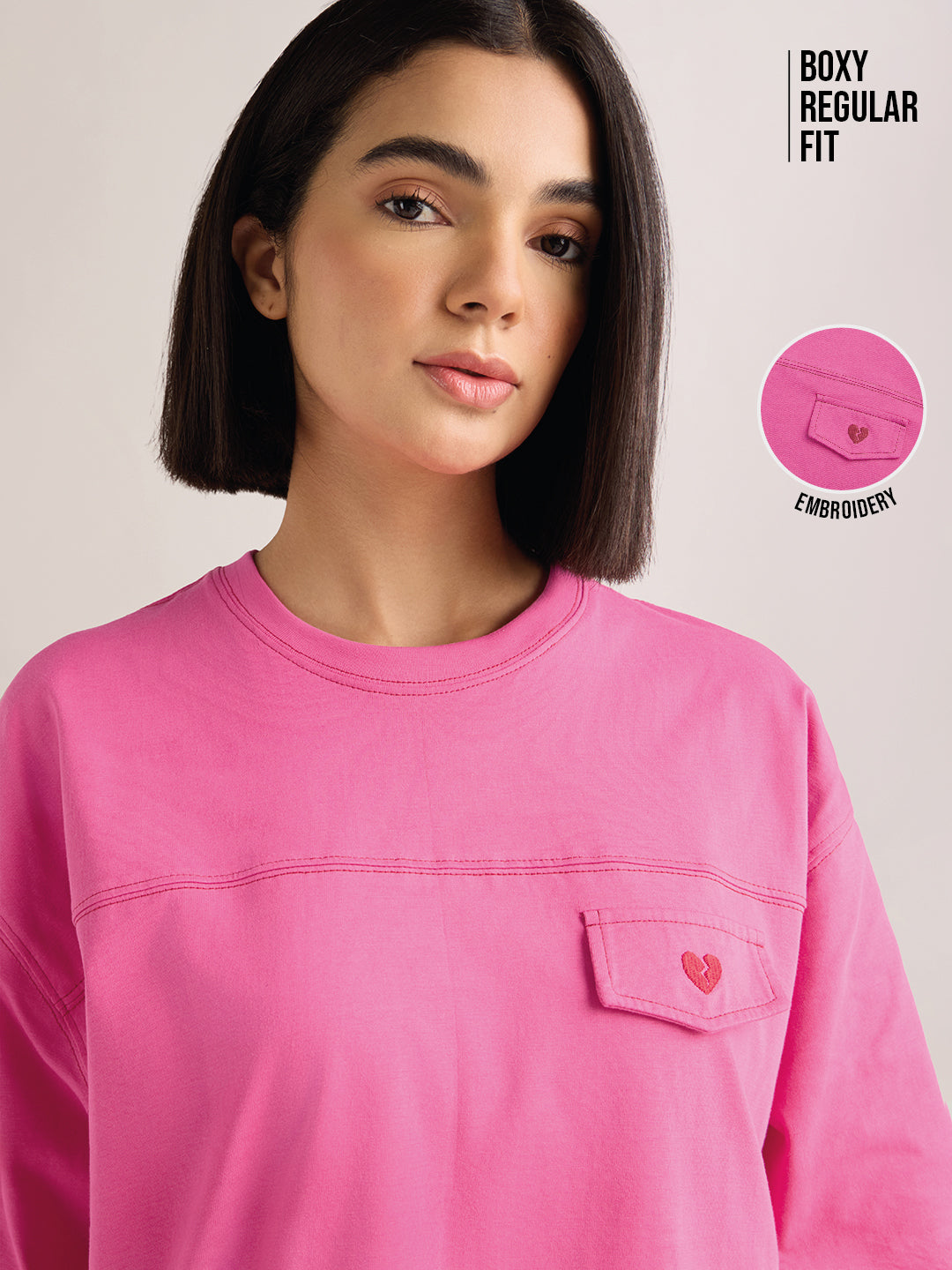 Womens Embroidery Boxy Regular Fit Cut & Sew Cotton Tshirt