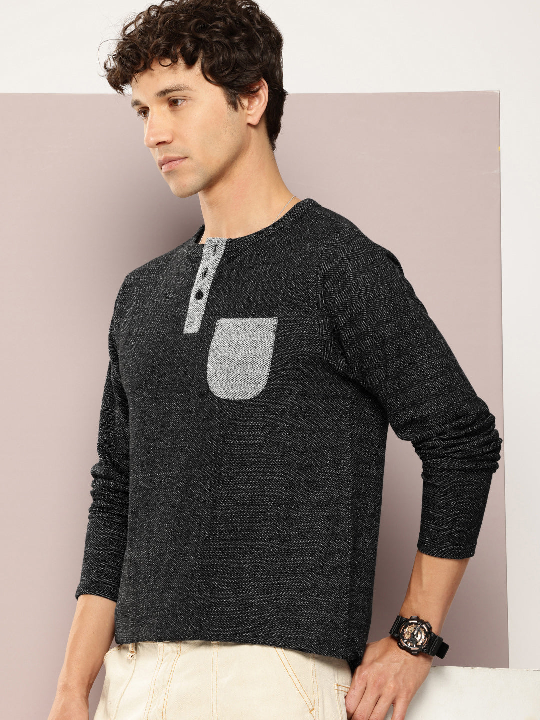 Mens Full Sleeve Henley Neck All-Over Striped Regular Fit Tshirts