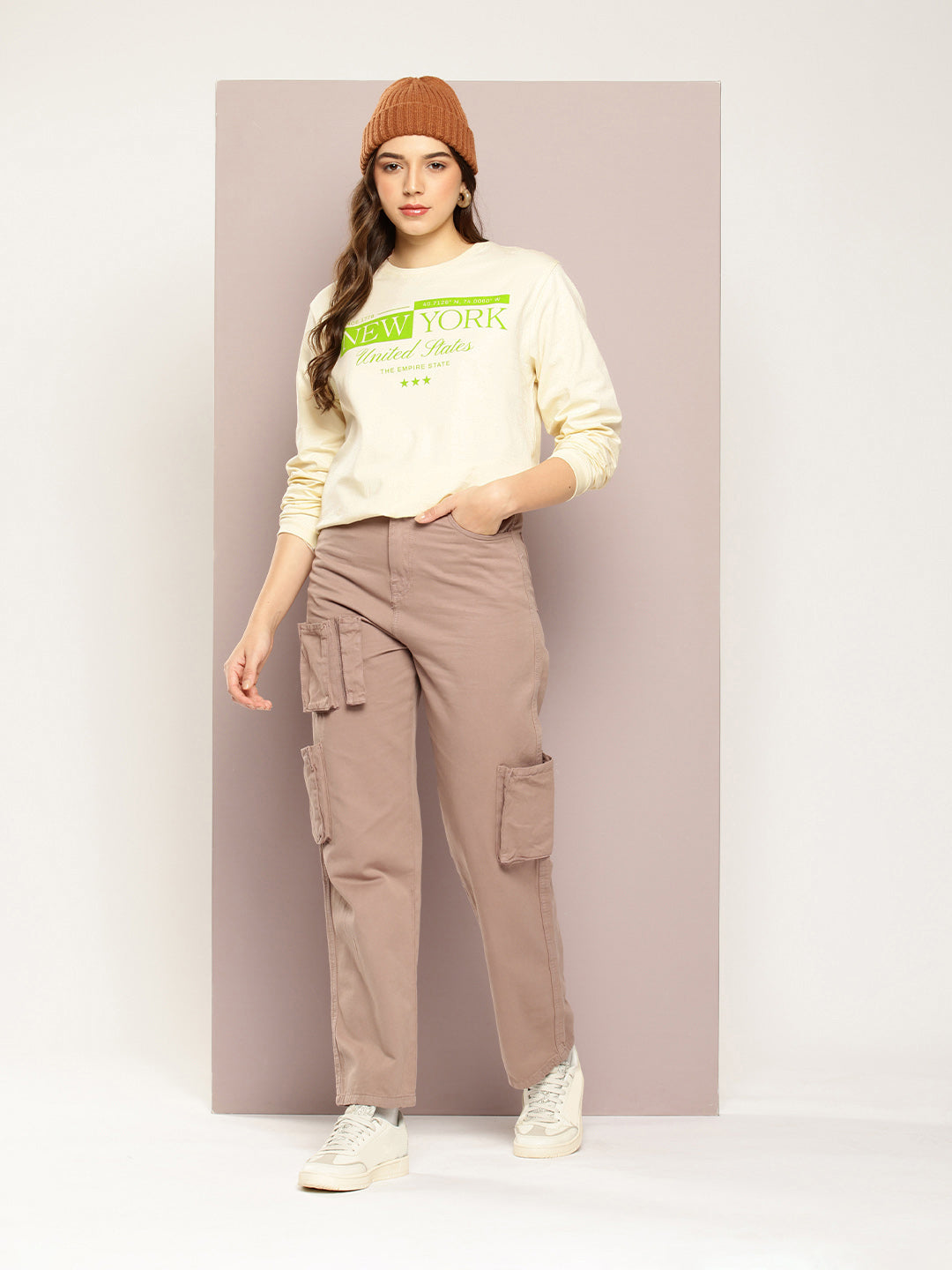 Womens Full Sleeve Round Neck Printed Oversized Fit Tshirts