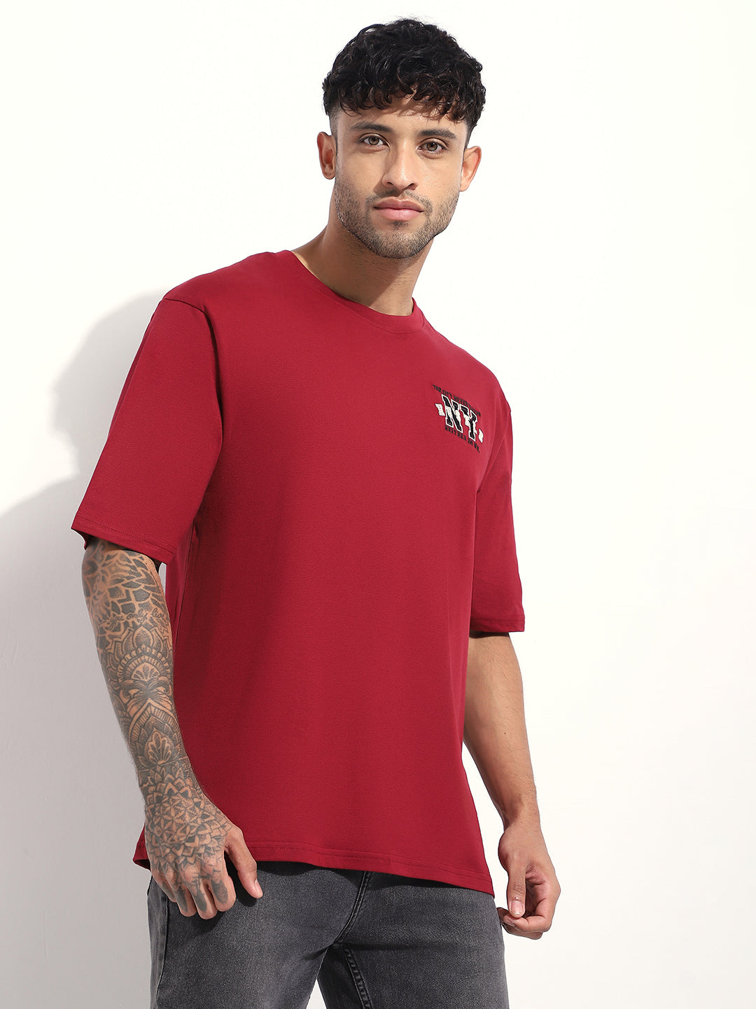 Mens Half Sleeve Round Neck Embroidered Oversized Fit Tshirts