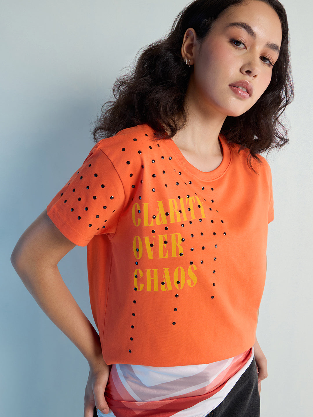 Womens Stud Detailed Boxy Regular Round Neck Tshirt 