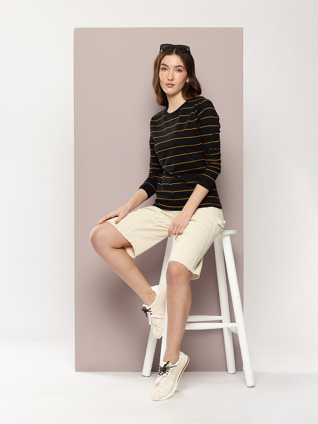Womens Full Sleeve Round Neck Striped Regular Fit Tshirts