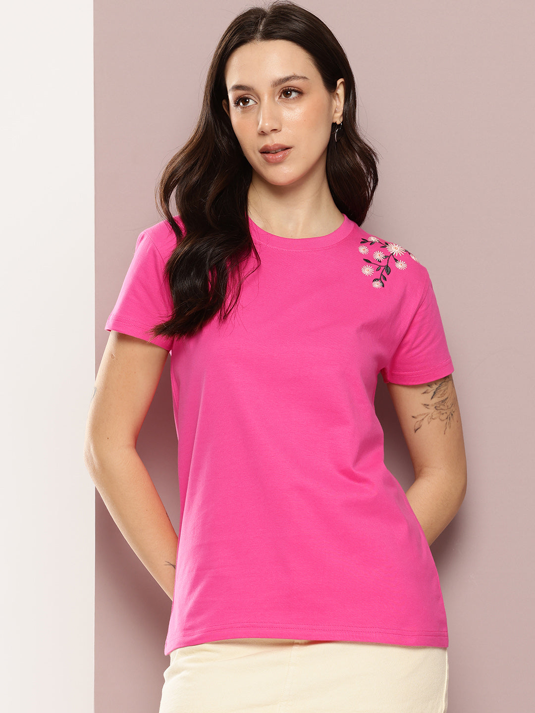 Womens Half Sleeve Round Neck Embroidered Regular Fit Tshirts