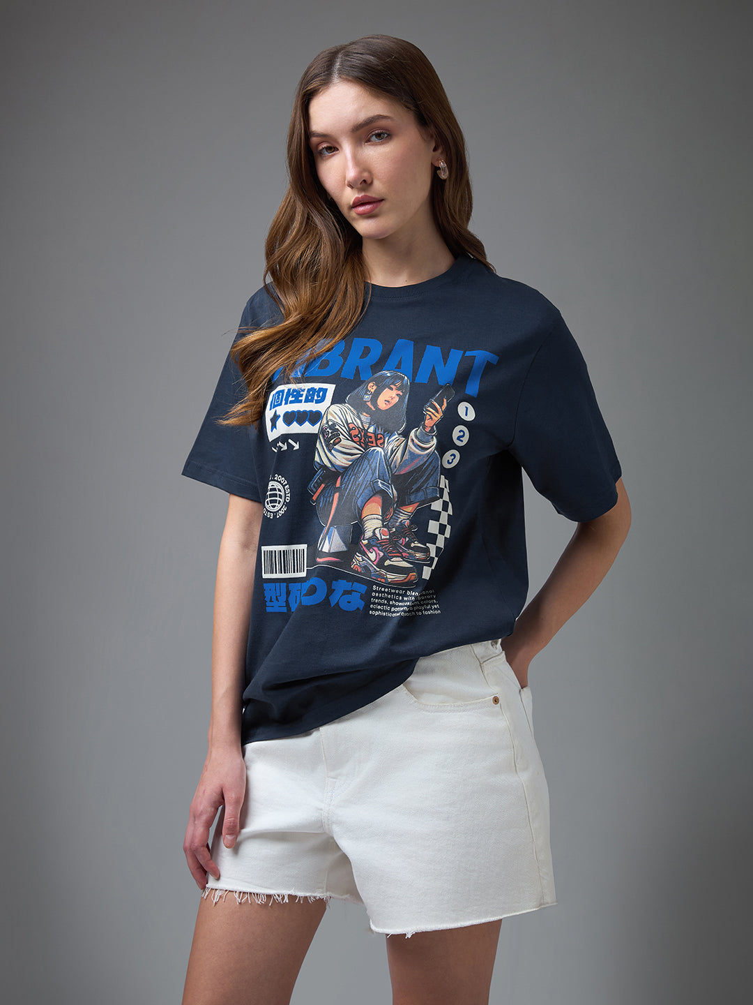 Womens Printed Round Neck Oversized Fit Tshirt