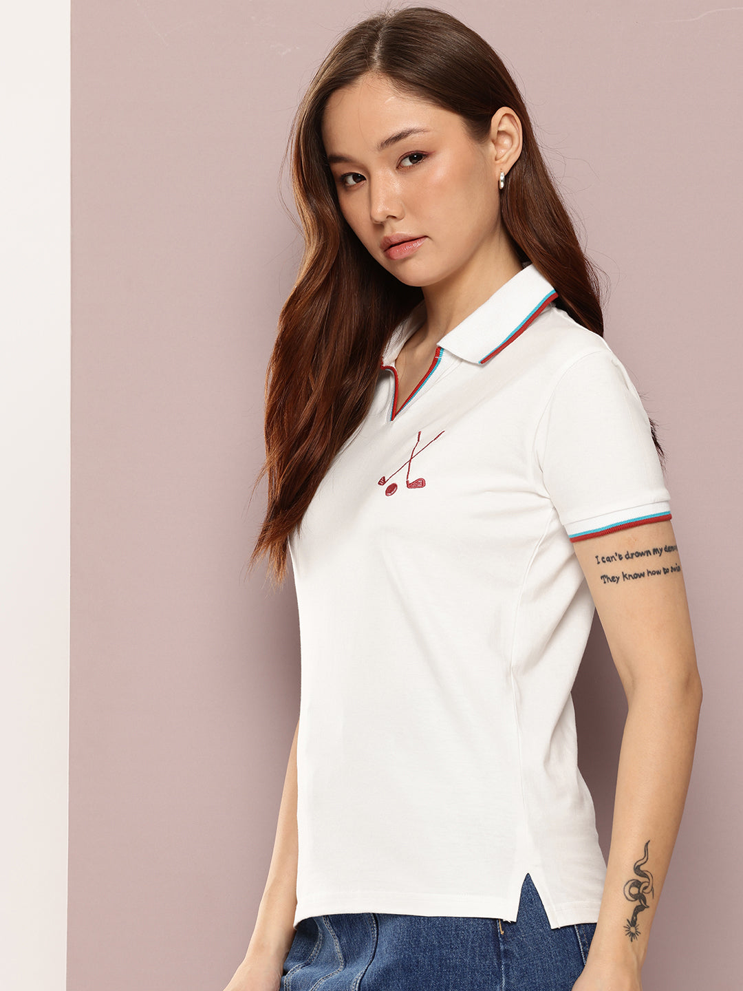 Womens Half Sleeve Polo Neck Embroidered Regular Fit Tshirts