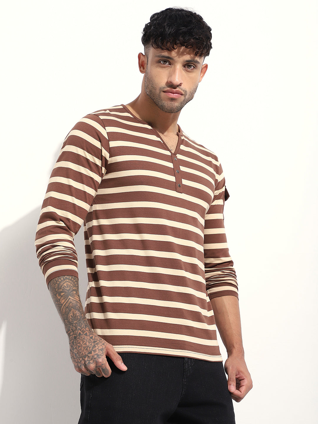 Mens Full Sleeve Henley Neck Striped Regular Fit Tshirts
