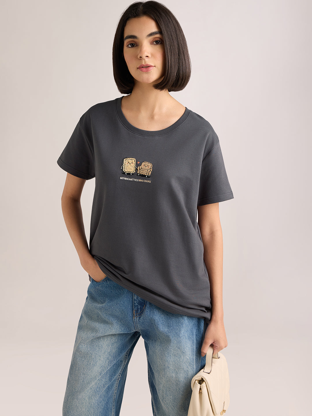 Womens Embroidery Boxy Regular Fit French Terry Cotton Tshirt