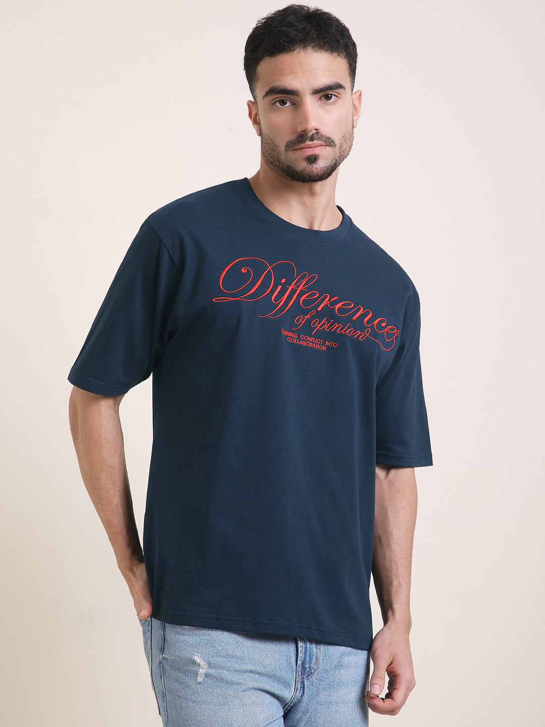 Mens Half Sleeve Round Neck Embroidered Oversized Fit Tshirts