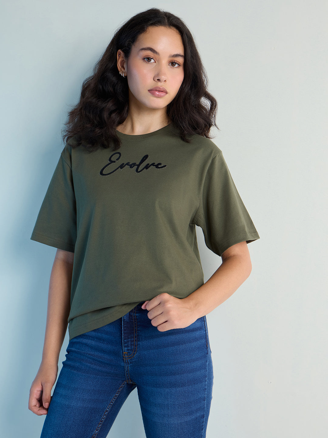 Womens Stud Detailed Oversized Round Neck Tshirt 
