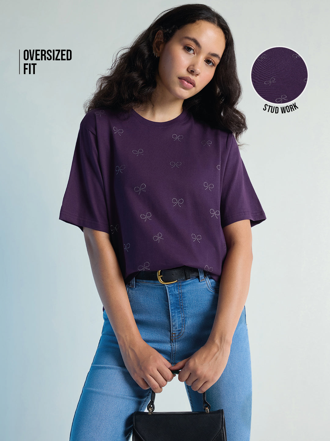 Womens Stud Detailed Oversized Round Neck Tshirt 