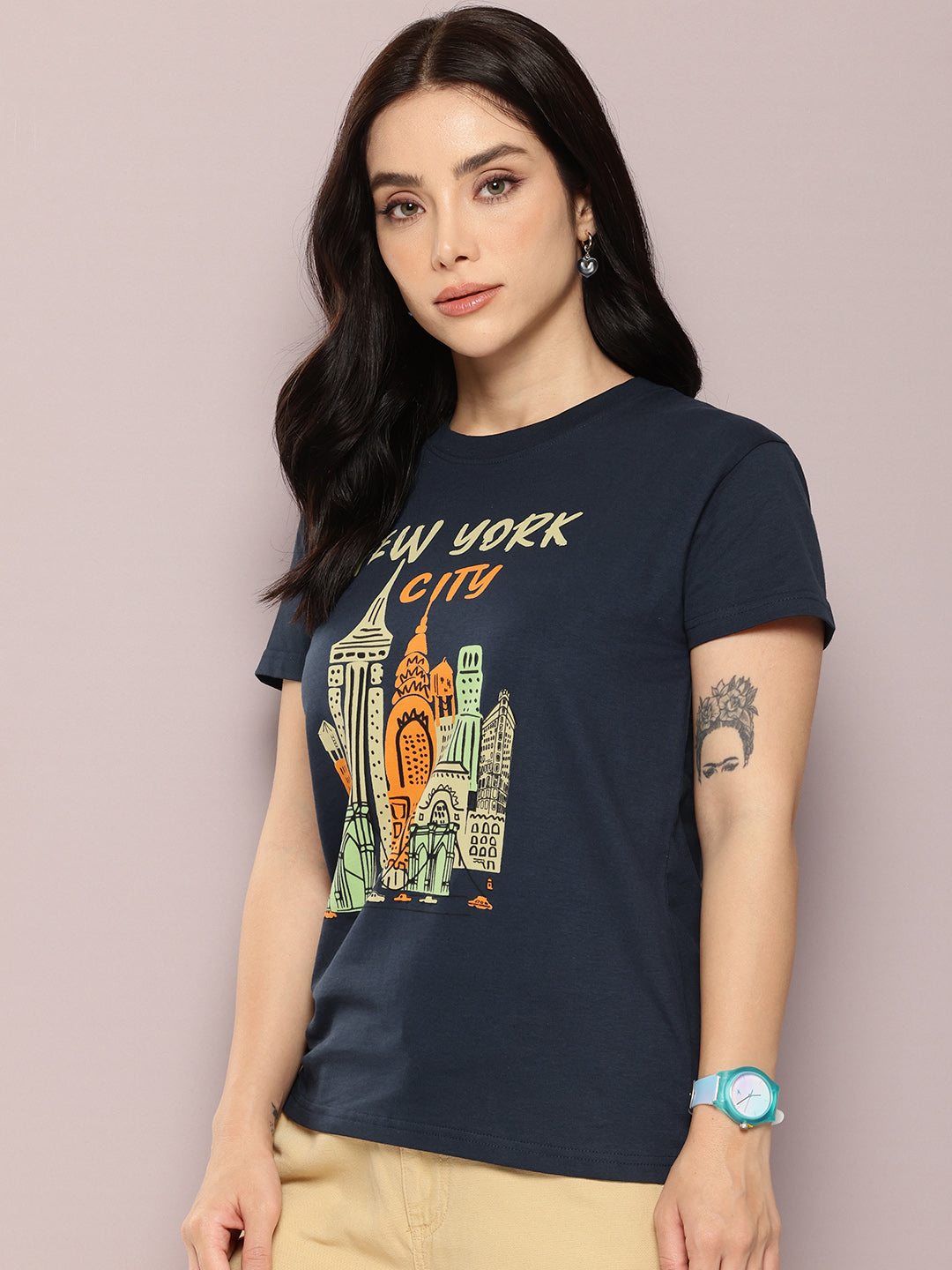 Womens Half Sleeve Round Neck Printed Regular Fit Tshirts